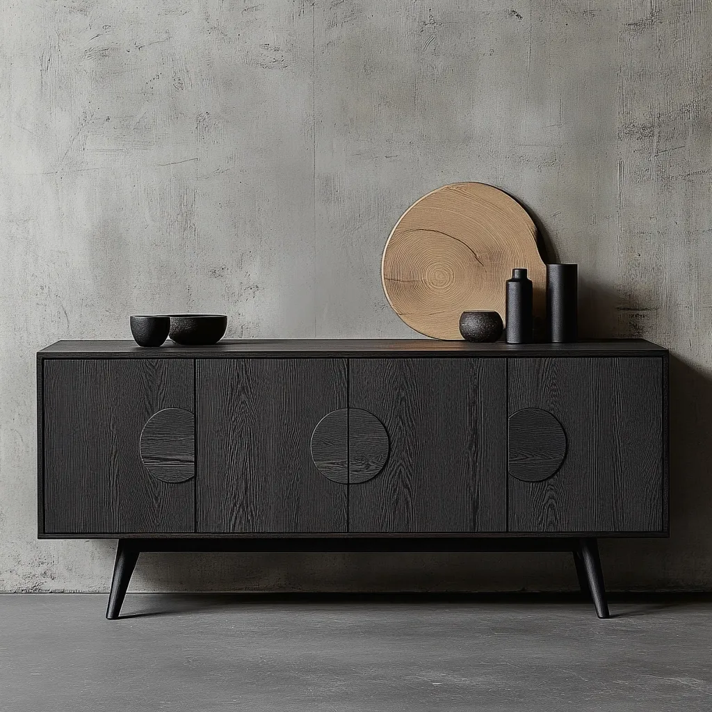 A dark stained wood sideboard with four doors and circular inset handles sits against a textured grey wall.  Two small dark bowls and several black decorative objects are arranged on top, along with a large, light-colored, organic-shaped wooden serving tray. The sideboard's mid-century modern legs and simple design create a sleek and minimalist aesthetic. The overall scene evokes a feeling of calm and sophistication.