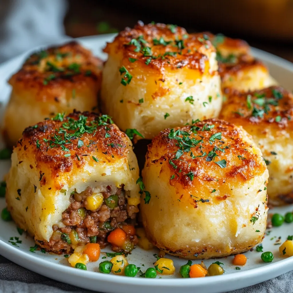 Here's a description of the image:

A close-up shot showcases several golden-brown, mashed potato-crusted mounds arranged on a white plate.  One is broken open, revealing a savory filling of ground meat and mixed vegetables, including peas and carrots.  The potato exteriors are generously sprinkled with fresh parsley, adding a touch of green to the otherwise warm-toned dish. The lighting highlights the texture and appetizing appearance of the food, suggesting a comforting and delicious meal.  Small bits of the filling are scattered around the base of the potato mounds.
