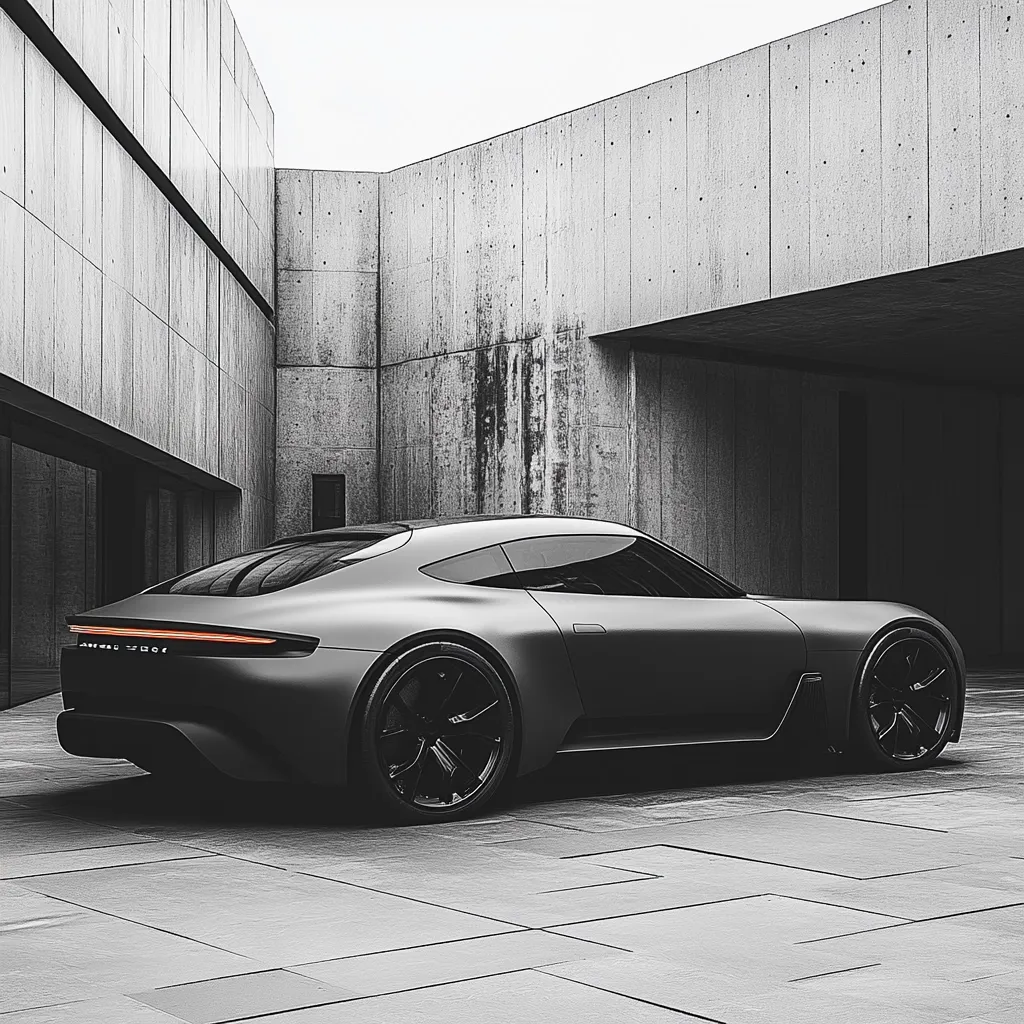 Here is a description of the image:

The photograph showcases a sleek, dark gray sports coupe parked in a modern, minimalist setting. The car, possibly a concept model, is positioned at a slight angle, highlighting its rear and side profile.  Its design is contemporary and aerodynamic, featuring large wheels and a low-slung body. The background consists of a stark, concrete structure with a muted, almost monochromatic color palette, emphasizing the car's design and form. The overall mood is sophisticated and understated.