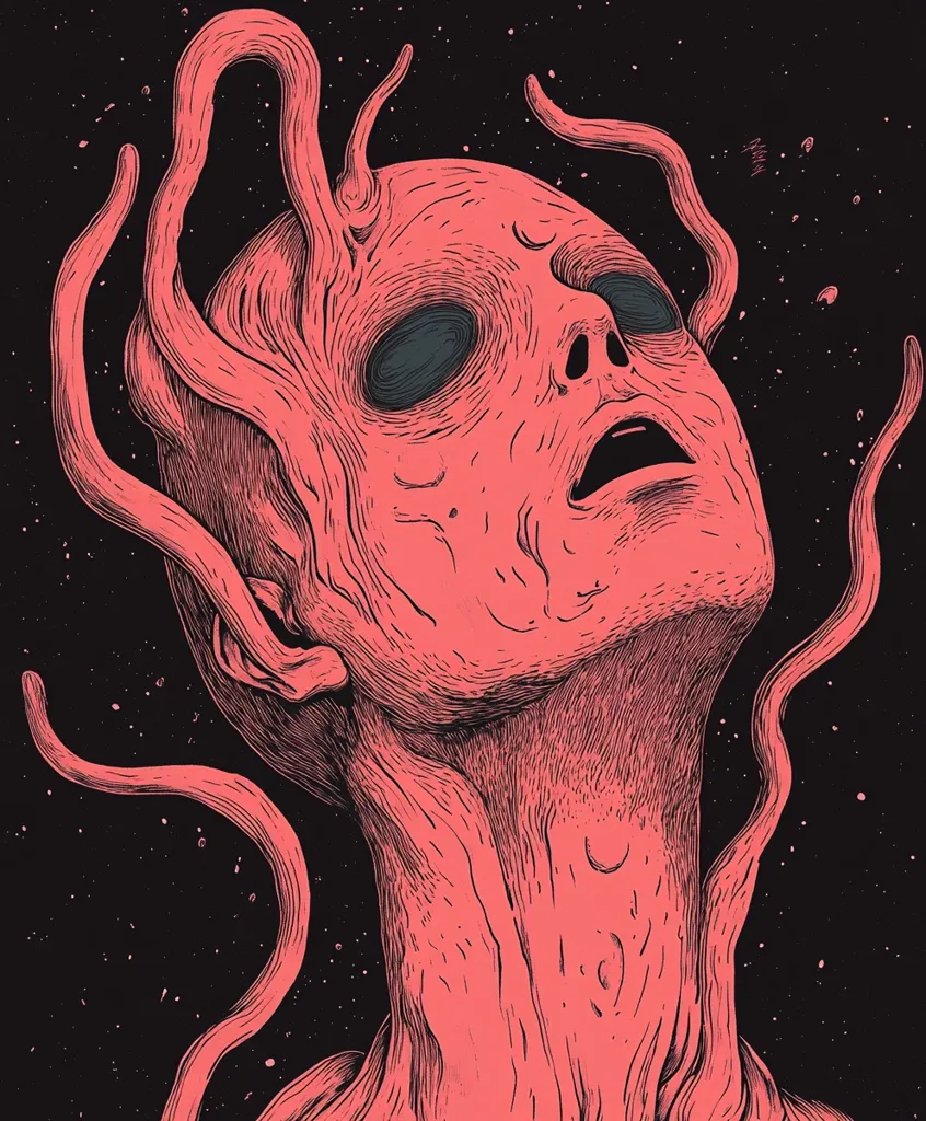 Here is a description of the image:

The artwork depicts a stylized, humanoid figure rendered in a monochromatic coral-pink against a black, starry backdrop.  The creature's face is elongated and gaunt, with large, dark eyes, and its skin exhibits a textured, almost woody appearance.  Several serpentine, organic tendrils sprout from its head and neck, extending into the surrounding space. The style is reminiscent of detailed ink drawing or etching, emphasizing linework and texture to create a surreal and somewhat unsettling effect. The overall mood is dark, mysterious, and possibly otherworldly.