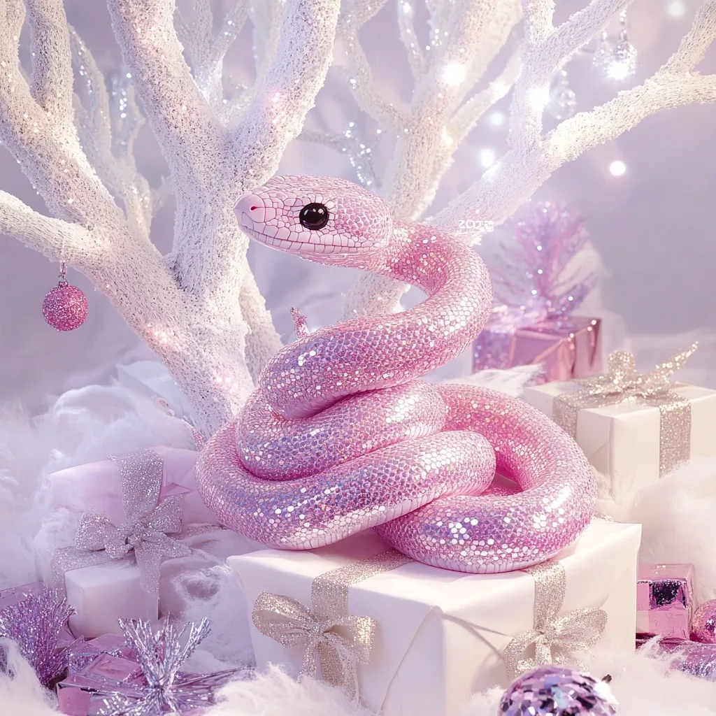 A pink, glitter-covered snake is the centerpiece of a whimsical Christmas scene.  It rests on a stack of elegantly wrapped presents, nestled amongst a snowy, white branch adorned with tiny lights.  Delicate silver ribbons and pastel-colored ornaments add to the dreamy, feminine aesthetic. The overall mood is one of enchanting, sparkly holiday magic.
