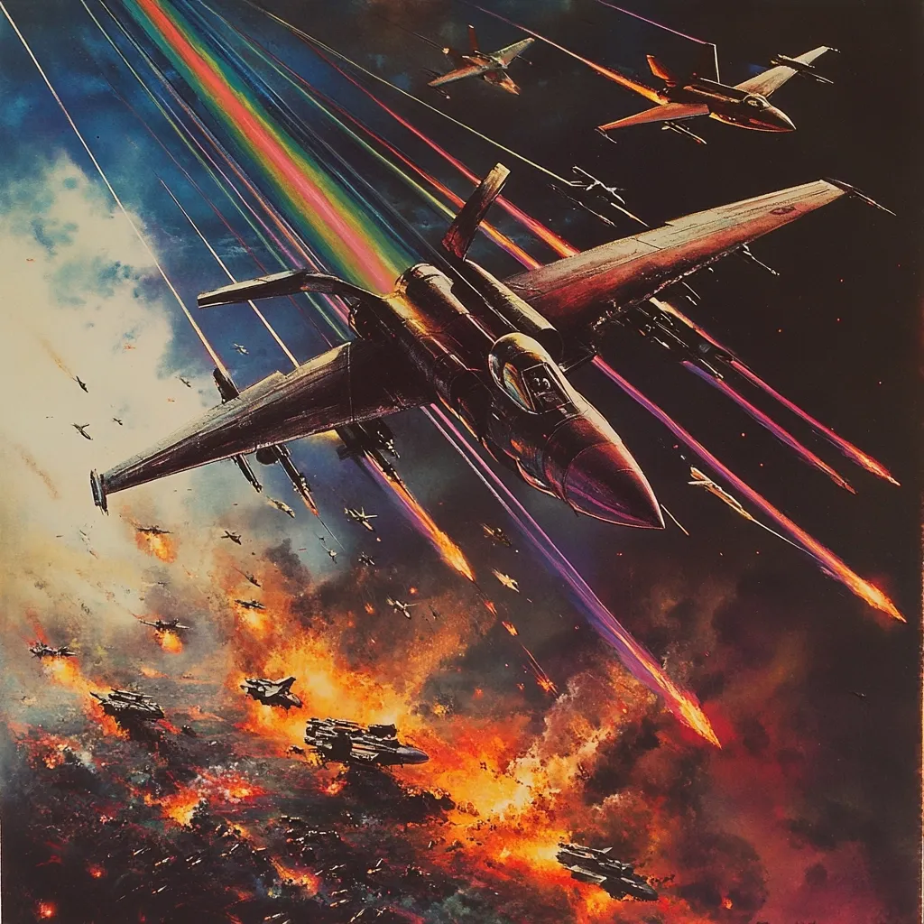 A dynamic illustration depicts a futuristic aerial battle.  A large, sleek fighter jet dominates the foreground, streaking through a fiery, chaotic sky filled with explosions and smaller aircraft engaged in combat.  Rainbow-like trails of energy emanate from the main jet and other projectiles, adding a dramatic, otherworldly effect.  The overall scene suggests a fierce, large-scale conflict with a high level of destruction.  The style is reminiscent of science fiction and war-themed artwork.