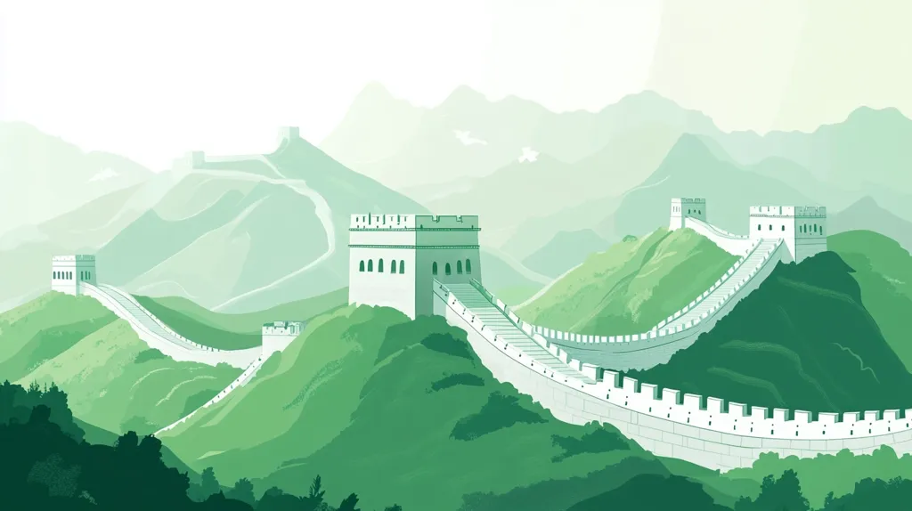 Here's a description of the image:

The illustration depicts a stylized view of the Great Wall of China snaking across verdant, rolling hills against a backdrop of hazy, pale green mountains.  The wall is rendered in a minimalist style, with its iconic crenellations and watchtowers clearly visible.  The color palette is predominantly various shades of green, creating a serene and almost dreamlike atmosphere.  The scene evokes a sense of the wall's immense length and its integration into the natural landscape.