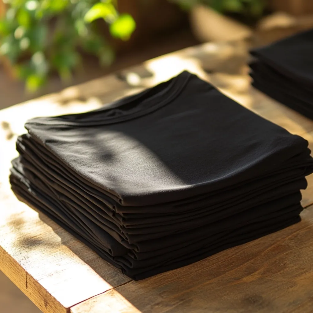 Here's a description of the image:

A neatly stacked pile of dark-colored t-shirts rests on a rustic wooden table, bathed in sunlight.  The shirts are folded uniformly, creating a solid, rectangular block.  The top shirt is visible, showcasing its smooth texture and simple crew neck design.  A second, smaller stack of similar shirts is blurred in the background, suggesting a larger quantity. The background is softly blurred, featuring out-of-focus greenery, implying an outdoor or natural light setting. The overall mood is calm and showcases the simplicity of the folded garments.