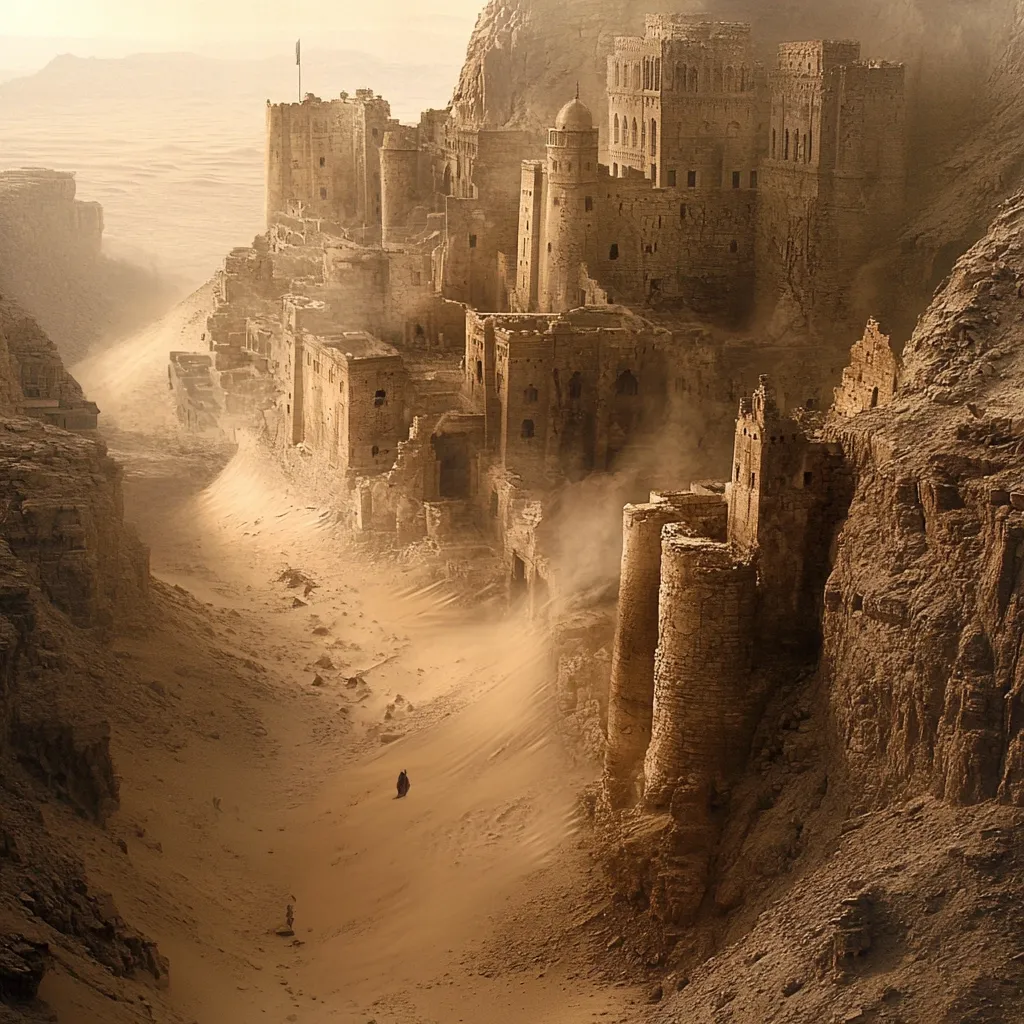 A desolate, ancient city clings precariously to a sandstone cliff face, half-buried by shifting desert sands.  Towering stone structures, remnants of a once-grand civilization, are weathered and crumbling.  Dust devils swirl in the canyon below, where tiny figures traverse the sandy expanse. The scene evokes a sense of lost grandeur and the relentless power of nature against time.  The overall palette is warm, dominated by the ochre hues of the sand and stone.