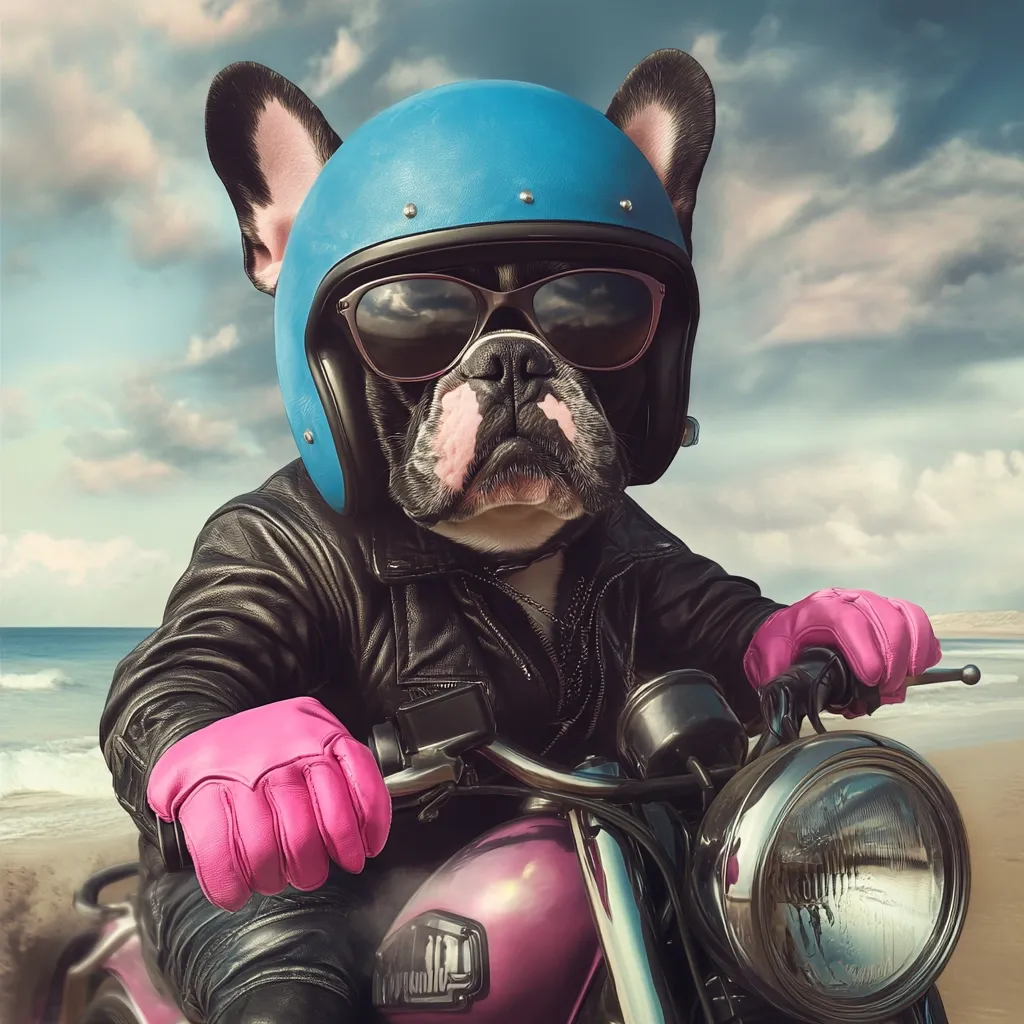 A French Bulldog, clad in a blue motorcycle helmet, black leather jacket, and pink gloves, sits astride a pink motorcycle.  The dog wears sunglasses and has a serious expression. The backdrop is a beach scene with an overcast sky and ocean waves, creating a cool, slightly whimsical, and adventurous mood. The image suggests a sense of fun and rebelliousness.