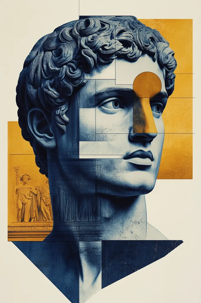 This image is a stylized collage featuring a bust of a classical male statue, rendered in shades of blue.  Geometric shapes overlay the statue, fragmenting its form. A keyhole-shaped, gold section replaces part of the nose, creating a striking contrast. A smaller, yellowed image of a classical relief sculpture is incorporated at the bottom, adding to the artwork's classical theme. The overall effect is a blend of classical art and modern graphic design.