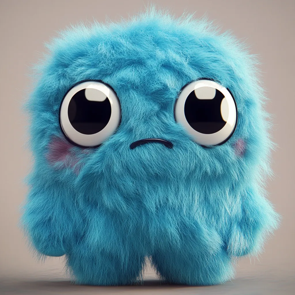 Here's a description of the image:

The image shows a digitally rendered, fluffy blue creature.  It's round and has large, expressive eyes that convey a slightly sad or pensive expression.  The creature's fur is long and soft-looking, and it has small, faint blush marks on its cheeks.  Its simple design and expressive features give it a cute, almost cartoonish appearance. The background is a plain, light beige.  The overall style is reminiscent of a 3D-rendered character from a children's animated film or game.