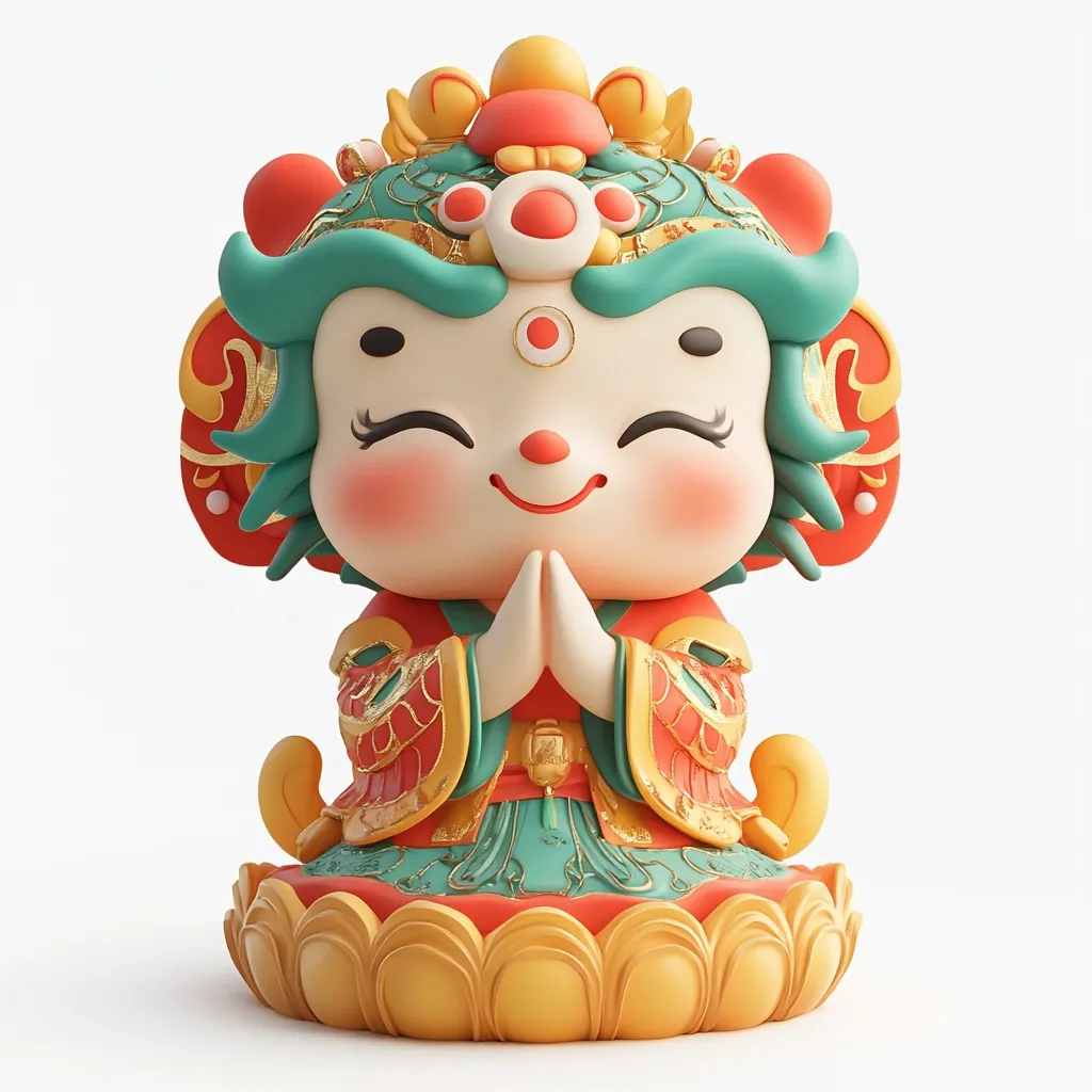 Here's a description of the image:

The image shows a 3D rendering of a charming, stylized figurine.  It appears to be a deity or auspicious character, possibly from East Asian culture, seated in a lotus position. The figurine has a cheerful expression, with hands pressed together in a gesture of prayer or respect.  It's adorned in vibrant teal, red, and gold clothing, detailed with ornate patterns reminiscent of traditional designs. The headpiece is elaborate, featuring a crown-like structure. The overall style is cute and cartoonish, yet retains an air of traditional elegance. The figurine sits on a golden lotus flower base, further enhancing its symbolic meaning.