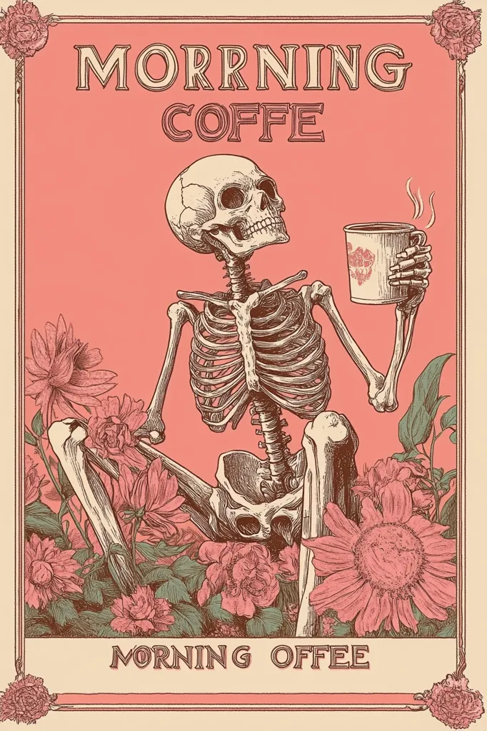 Here's a description of the image:

The image is a stylized poster or print featuring a detailed illustration of a skeleton sitting amidst blooming flowers.  The skeleton holds a steaming mug, suggesting a cup of coffee. The color palette is muted, with peachy-pink background and sepia-toned line art for the skeleton and flowers.  The text "MORNING COFFEE" appears at the top and bottom, in a vintage-inspired font. The overall style is reminiscent of vintage botanical illustrations or gothic art, with a whimsical and slightly macabre touch.