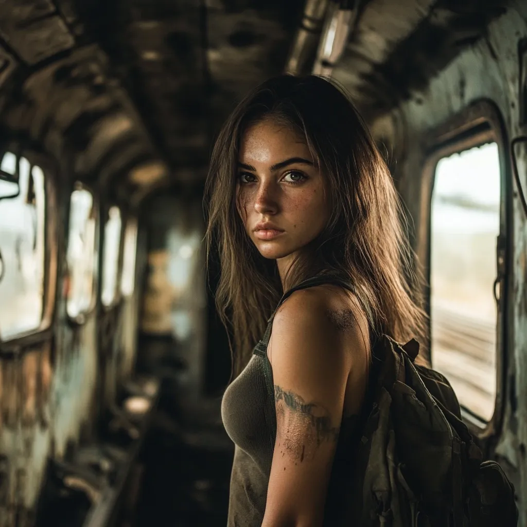 Here's a description of the image:

The photograph features a young woman with long brown hair, standing in a dilapidated train car.  She's turned slightly away from the camera, her gaze directed towards the viewer.  Dirt stains are visible on her skin and olive-green tank top, suggesting a rugged, adventurous context. A faded tattoo is partially seen on her arm.  She carries a worn backpack, adding to the overall sense of journey and resilience. The background is dark and blurred, emphasizing the woman and the texture of the decaying train's interior. The lighting is moody and dramatic, focusing attention on the subject's intense expression.