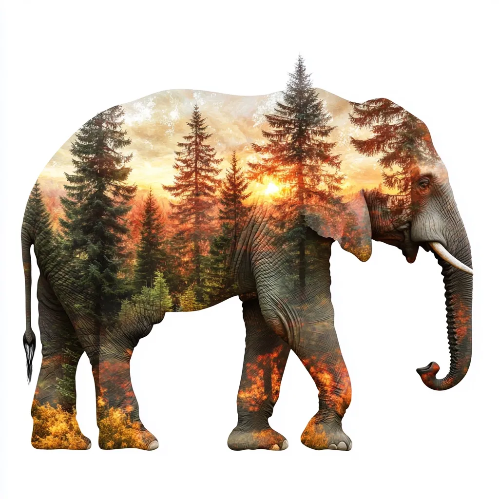 Here's a description of the image:

The image is a double exposure photograph, seamlessly blending the silhouette of an elephant with a vibrant autumnal forest scene at sunset.  Tall evergreen trees dominate the landscape, their silhouettes partially obscuring the elephant's form.  Warm oranges and reds from the setting sun color the background, creating a harmonious blend of animal and nature. The elephant appears to be walking, its form partially transparent, allowing the forest scene to show through.  The overall effect is both artistic and evocative, suggesting a connection between wildlife and its habitat.