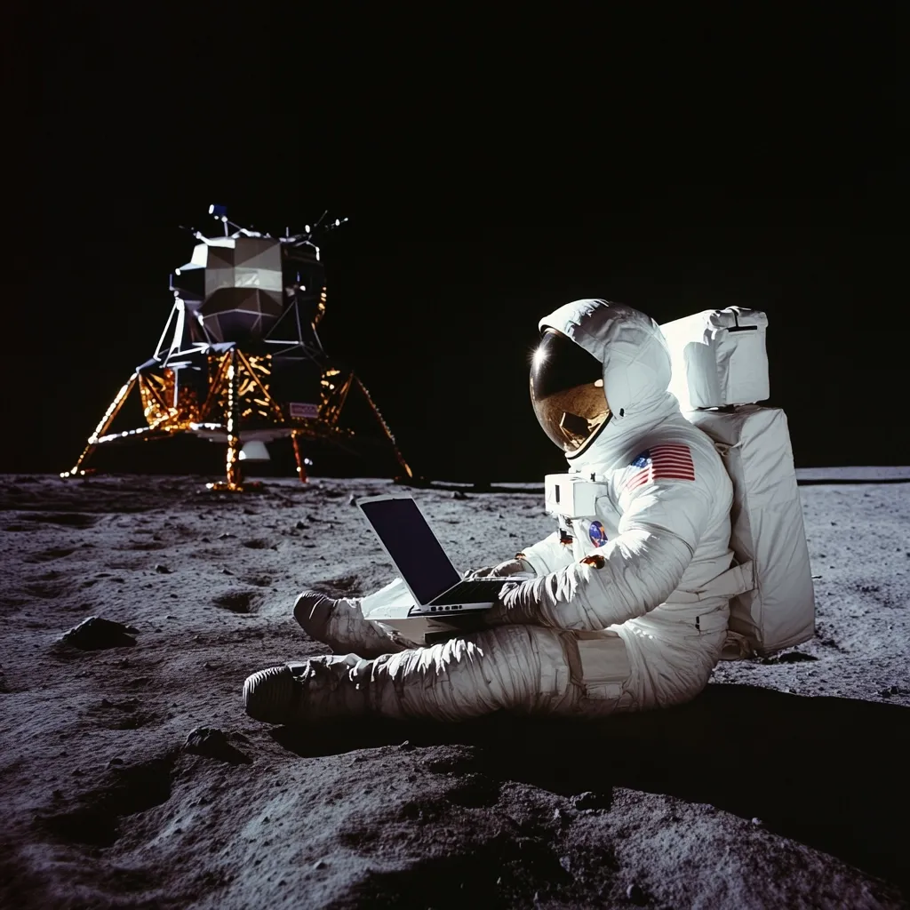 Here is a description of the image:

The image depicts an astronaut seated on the lunar surface, using a laptop computer. The astronaut's spacesuit is clearly visible, including the American flag patch.  In the background, a lunar module is partially visible, resting on the moon's dusty surface. The scene is set against the stark blackness of space. The overall impression is a surreal juxtaposition of advanced technology (the laptop) within the context of a historical space exploration achievement. The lighting emphasizes the astronaut and the laptop, creating a strong focal point against the lunar landscape.