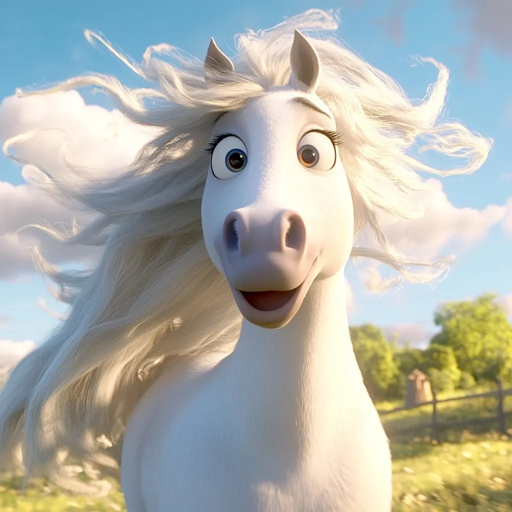 Here's a description of the image:

Close-up view of a white animated horse, seemingly from a Disney film, with long, flowing white hair that is blowing in the wind.  The horse has large, expressive eyes—one blue, one brown—and a joyful expression on its face.  It's positioned slightly angled, moving toward the viewer.  The background is blurred but shows a sunny rural landscape with green fields and trees, suggesting a pastoral setting.  The overall style is whimsical and charming.