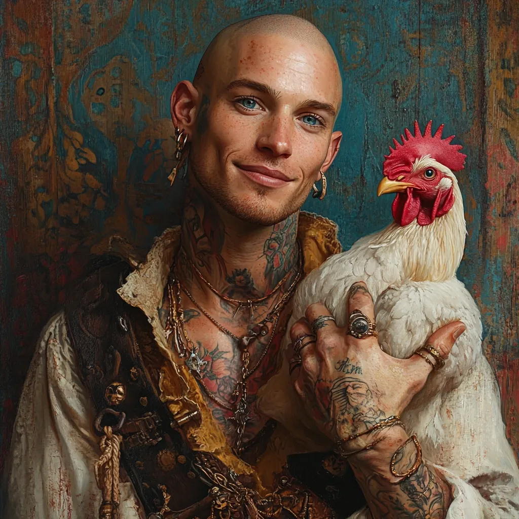 The painting depicts a bald, tattooed man with a gentle smile, holding a white rooster.  He's adorned in ornate gold jewelry and a tattered, cream-colored pirate-esque shirt.  His numerous tattoos are intricately detailed, contrasting with the rooster's smooth white feathers. The background is a rich, textured teal and brown, reminiscent of an aged, painted wall. The overall style suggests a blend of classical portraiture and fantasy, creating a unique and intriguing image.