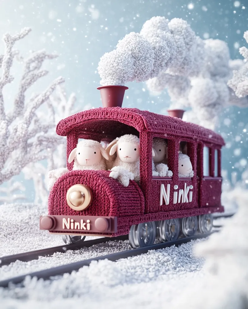 A charming miniature train, crafted from knitted maroon fabric, chugs through a snowy landscape.  Three adorable plush lambs are passengers, nestled inside the cozy carriage.  The train, labeled \