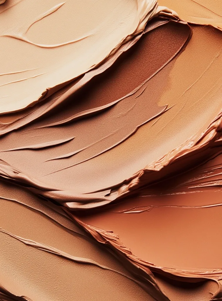 Here's a description of the image:

The image is a close-up shot of several shades of foundation or makeup swirled together.  The colors range from light beige to a rich, deep brown, creating a textured, artistic effect. The makeup is thickly applied, showing brushstrokes and a creamy consistency. The overall impression is one of luxurious texture and a wide range of skin tones. The lighting is soft and even, highlighting the subtle variations in color and the smooth, almost sculpted appearance of the product.
