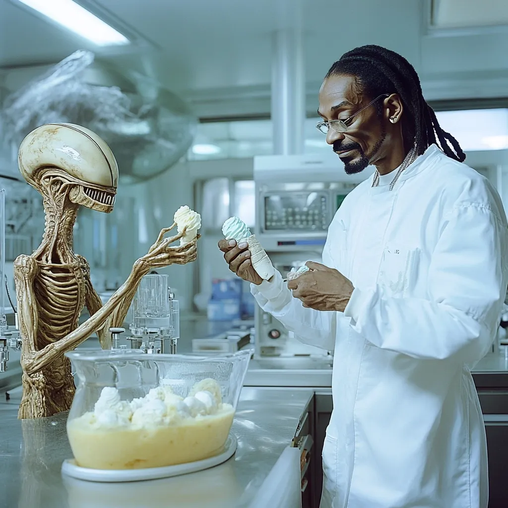 Here's a description of the image:

The image shows Snoop Dogg, dressed in a white lab coat and glasses, in what appears to be a sterile food preparation environment. He's holding two ice cream cones, offering one to a skeletal, alien-like figure.  The alien, with a pale, elongated head and visible ribs, also holds an ice cream cone. A large bowl of ice cream sits on a counter between them. The overall aesthetic is surreal and humorous, blending science fiction with hip-hop culture. The scene is brightly lit, enhancing the contrast between the figures and the clean setting.