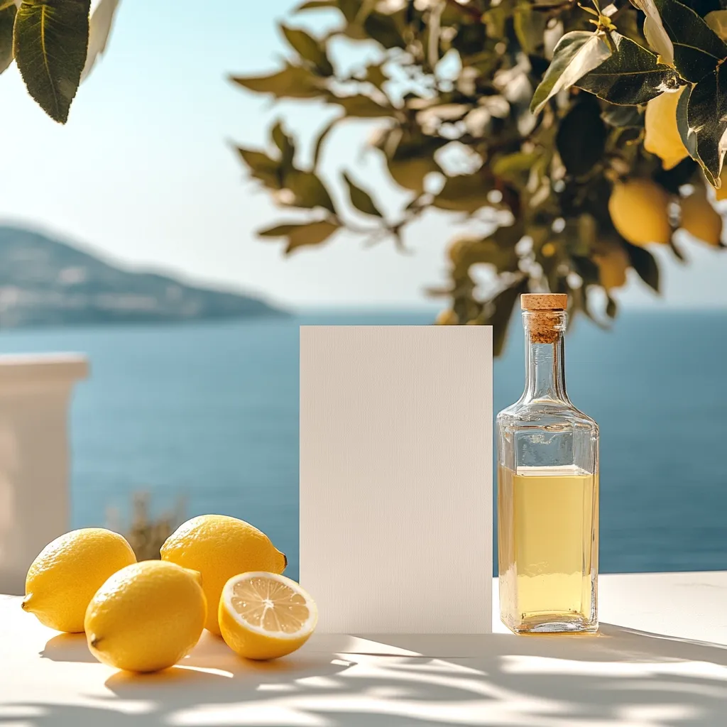 Here's a description of the image:

A tranquil seaside scene features a blank, off-white card standing upright next to a clear glass bottle filled with a light yellow liquid, possibly lemon oil.  Three whole lemons and one lemon half sit in front of the card.  The background is softly blurred, showing a bright blue sea and a distant coastline under a sunny sky.  A lemon tree with ripe lemons hangs overhead, partially obscuring the background. The overall aesthetic is bright, clean, and evokes a feeling of summer freshness.