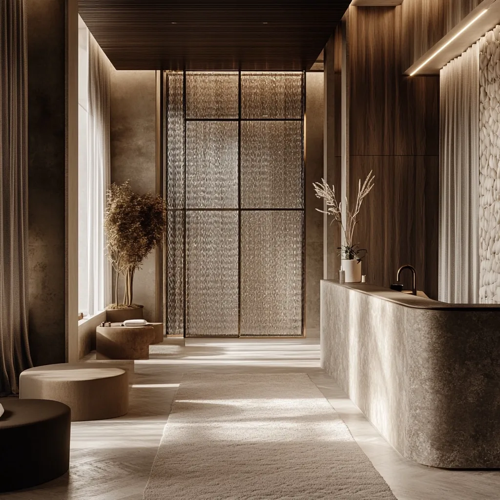 Here is a description of the image:

The image showcases a minimalist, luxurious lobby or reception area.  Neutral earth tones dominate, with a curved stone reception desk as a focal point.  A large, textured glass partition separates the desk from a seating area featuring plush, light brown ottomans and a small potted tree. Sunlight streams in through floor-to-ceiling windows, highlighting the soft rug and the overall calming atmosphere. The walls are a blend of wood and textured plaster, contributing to the sophisticated and serene ambiance.  The design emphasizes natural materials and clean lines.