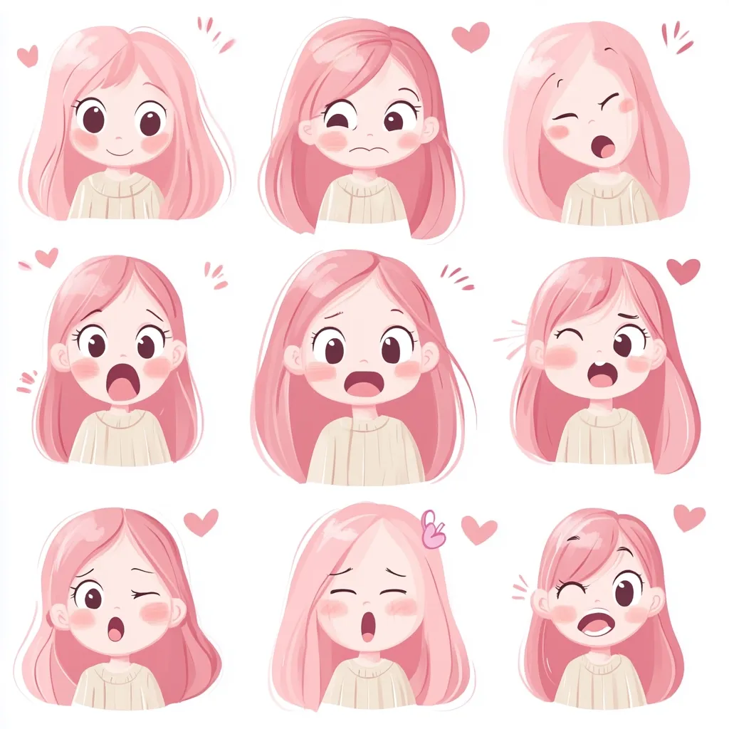 Here's a description of the image:

The image presents a collection of nine cartoon illustrations of a young girl with long, light pink hair.  Each illustration depicts the girl expressing a different emotion, ranging from happiness and surprise to sadness and slight annoyance.  The girl is consistently drawn in a cute, anime-inspired style, wearing a light beige sweater.  Hearts and other small visual elements are used to add emphasis to the expressed emotions.  The overall style is cheerful and playful.