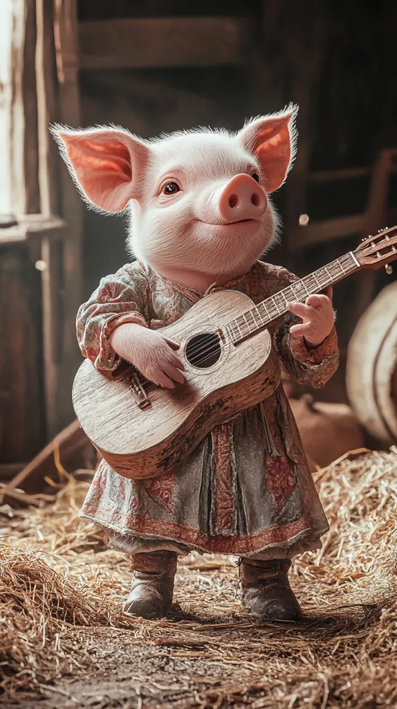 A charming illustration depicts a piglet, dressed in a rustic, patterned dress and sturdy boots, serenading its surroundings.  The piglet sits comfortably amidst hay in a barn-like setting, its small hands delicately strumming a worn acoustic guitar.  The overall tone is heartwarming and whimsical, with the pig's gentle expression enhancing the idyllic country scene. The image's soft lighting and muted colors contribute to its tranquil atmosphere.