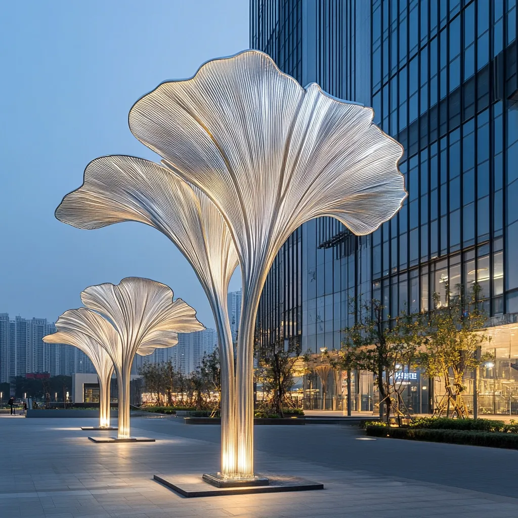 Three illuminated, metallic sculptures resembling stylized ginkgo trees stand in a plaza at twilight.  Their delicate, leaf-like structures are backlit, creating a warm glow against the backdrop of a modern glass skyscraper.  The scene is serene and elegantly modern, showcasing a harmonious blend of art and architecture in an urban setting. The plaza is paved, and landscaped areas with shrubs and trees are visible.