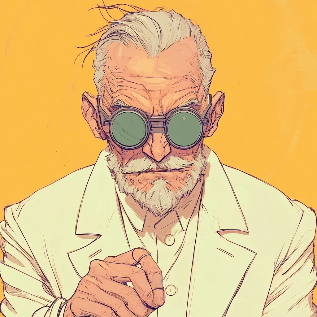 Here's a description of the image:

The illustration depicts a stylized portrait of an elderly man, possibly a scientist or inventor. He has a prominent, weathered face with a neatly trimmed, white beard and a receding hairline.  He wears large, round, green-lensed goggles and a crisp white lab coat. His expression is serious, almost stern, and his hand is slightly extended, as if beckoning or making a point. The style is reminiscent of graphic novel art, featuring bold outlines and muted color tones against a solid mustard yellow background. The overall impression is one of intellect and possibly a touch of mystery.