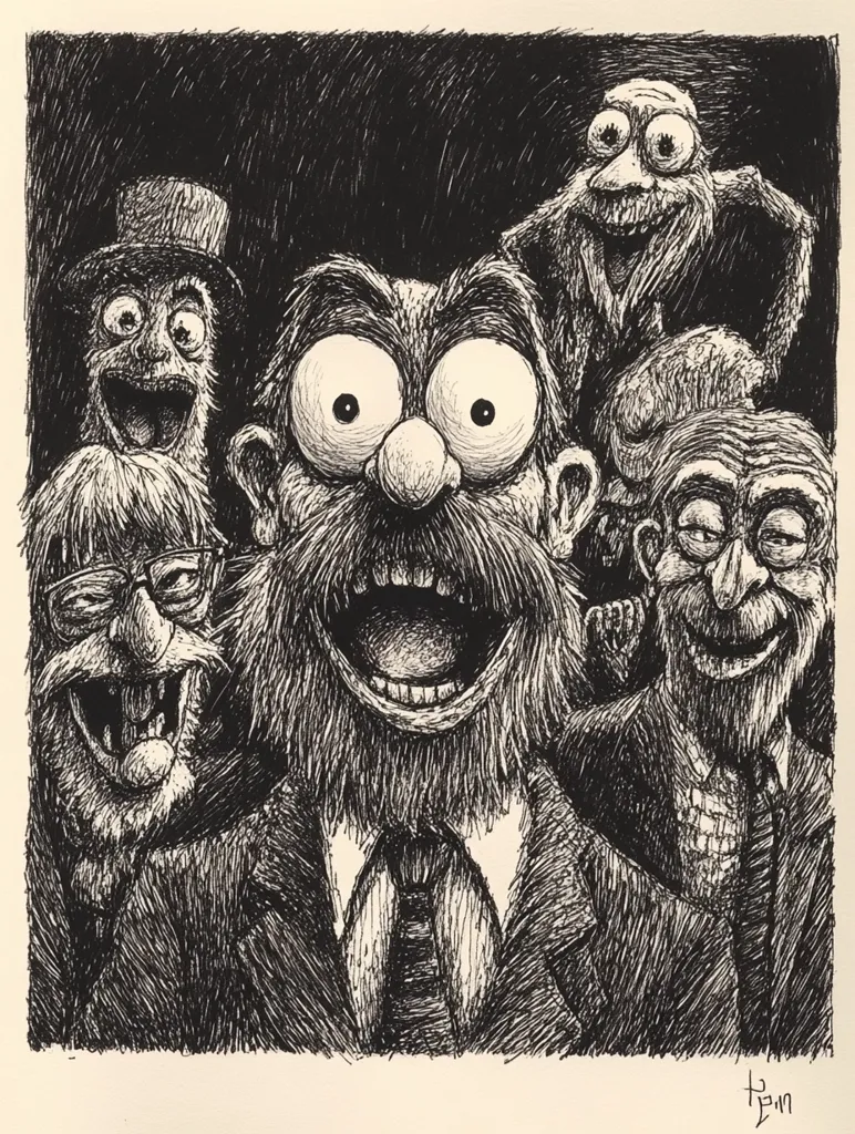 A black and white pen-and-ink drawing depicts a group of Muppet-like characters.  The central figure is a large, hairy creature with wide eyes and an open mouth, wearing a suit and tie.  Surrounding him are four other characters, each with distinct features and expressions.  They appear to be in a group photograph, creating a humorous and slightly unsettling tableau. The style is detailed and expressive, emphasizing texture through the artist's use of shading.  The overall effect is darkly comical.