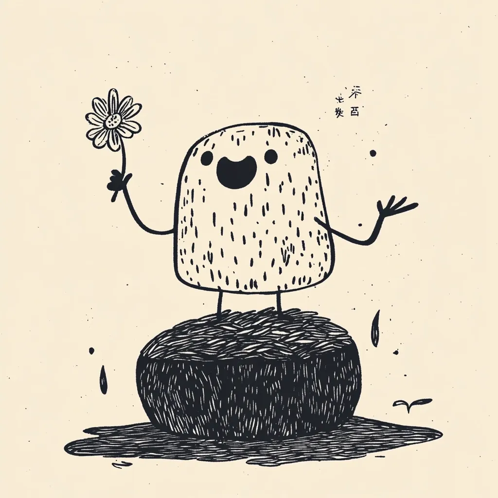 Here's a description of the image:

The illustration features a whimsical, cartoonish creature resembling a happy, textured blob with tiny legs and arms. It stands atop a dark, round object that appears to be melting or spreading on a light beige background.  The creature holds a small flower, radiating a cheerful demeanor.  The style is reminiscent of linocut or woodcut printmaking, with hatched lines creating texture and shading. Tiny, scattered dots and small sprouts further enhance the simplistic, charming aesthetic.  The inclusion of seemingly Japanese text adds an additional element of mystery.