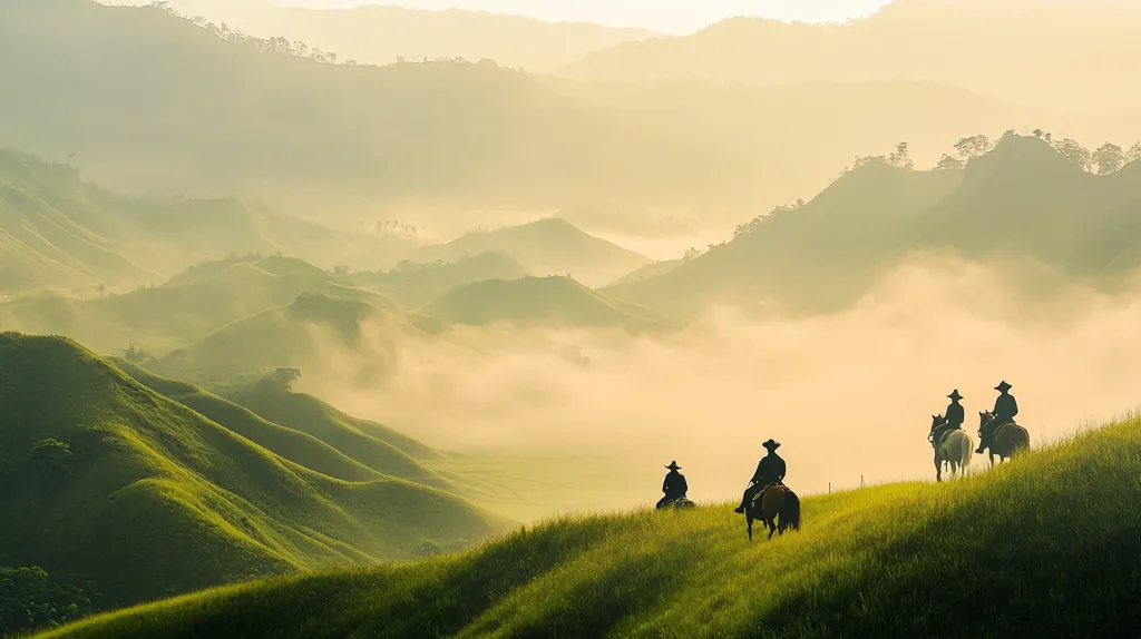 Here's a description of the image:

The photograph captures a breathtaking sunrise over a misty, rolling landscape.  Four silhouetted figures on horseback traverse a grassy hillside, their journey emphasized against the backdrop of soft, golden light. The hills undulate in gentle curves, shrouded in a low-lying mist that creates an ethereal atmosphere. The overall palette is serene, with muted greens and golds dominating the scene. The image evokes a sense of peace, adventure, and the vastness of nature.