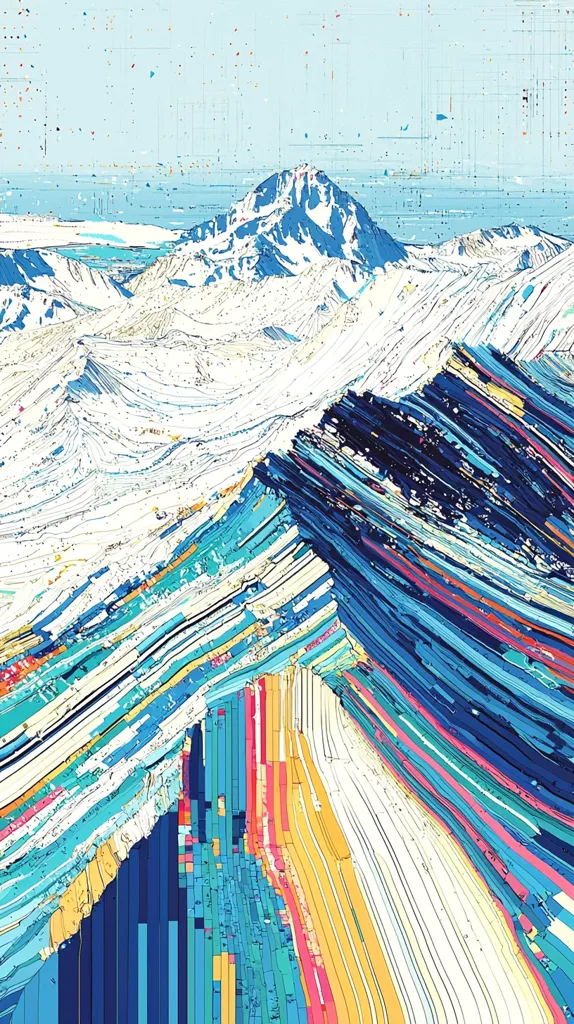 The image is an abstract depiction of a mountain range. The style is reminiscent of a stylized painting or digital art, using bold, parallel lines of various colors—blues, teals, yellows, and pinks—to create a textured, almost pixelated effect. A prominent snow-capped peak is visible in the background, contrasting with the vibrant, layered foreground. The overall effect is a striking visual representation of mountainous terrain, rendered in a unique, artistic manner.