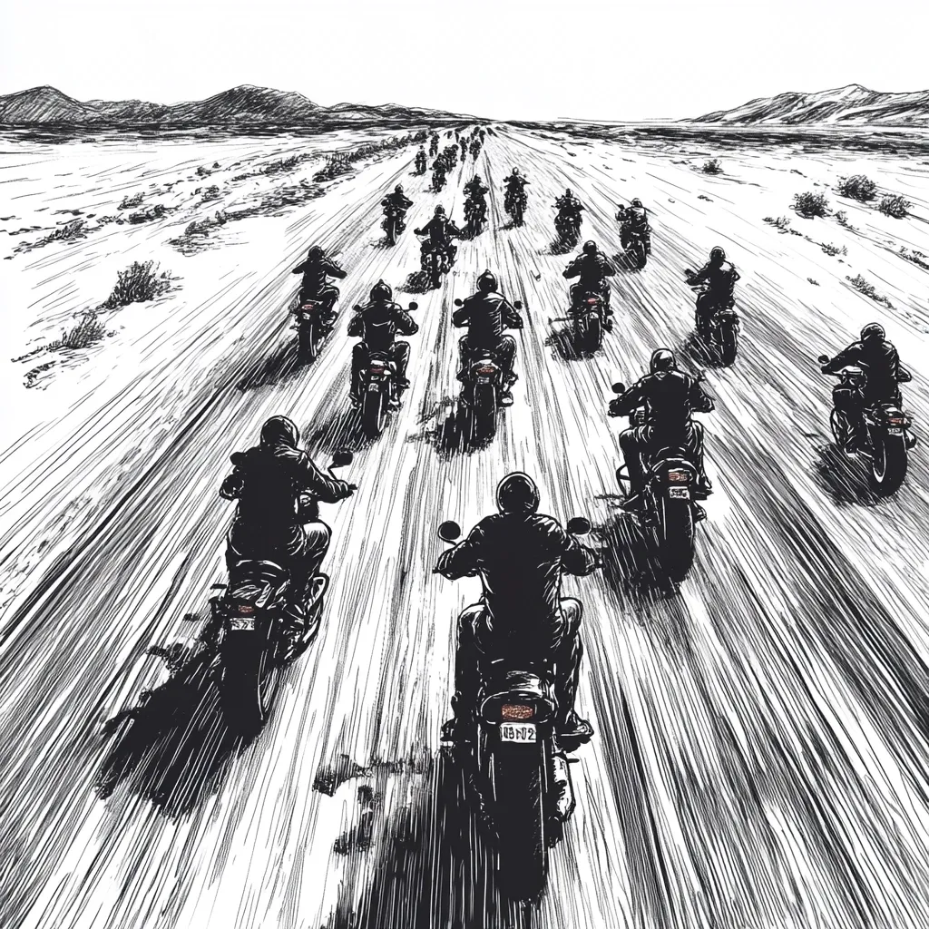 A black and white illustration depicts a long line of motorcyclists riding across a vast, flat desert landscape. The riders are silhouetted, their motorcycles arranged in a staggered formation, creating a sense of speed and movement. The desert stretches out to the horizon, punctuated by sparse vegetation and distant mountains. The style is reminiscent of a graphic novel or comic book, with bold lines and shading conveying motion and texture.  The overall impression is one of freedom and adventure.
