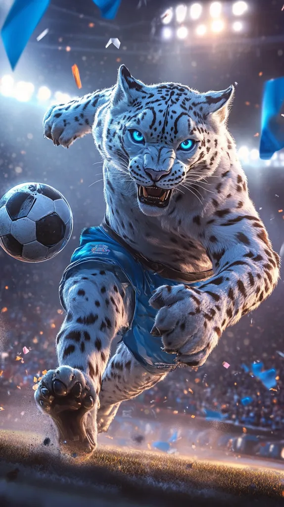 A snow leopard, anthropomorphized in blue athletic shorts, dynamically kicks a soccer ball in a stadium.  Its eyes glow bright blue, and its powerful stance conveys fierce determination.  Confetti and ribbons add to the celebratory atmosphere of the scene, which is rendered in a highly realistic style with dramatic lighting and detailed fur texture. The background suggests a large, cheering crowd.
