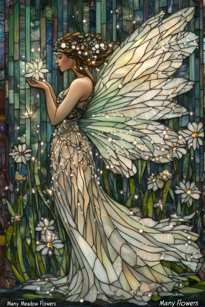 This stunning stained-glass artwork depicts a fairy, delicately holding a flower.  Her flowing gown and large, intricately detailed wings shimmer with light, suggesting a magical, ethereal quality.  She's surrounded by a field of white flowers, rendered in a style reminiscent of Art Nouveau. The piece's color palette is soft, with greens, blues, and whites dominating, creating a peaceful and dreamy atmosphere.  The overall impression is one of beauty, grace, and the enchanting power of nature.