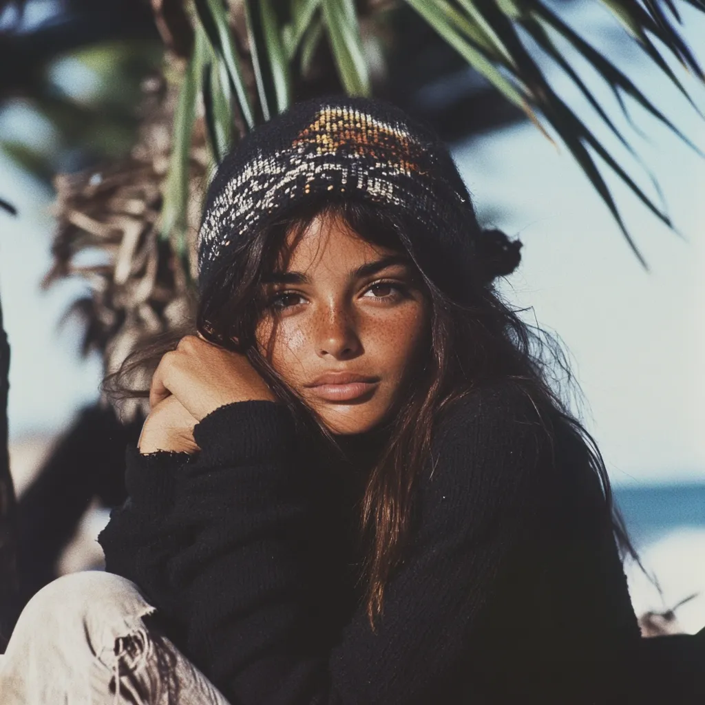 Here's a description of the image:

Close-up view of a young woman with long, dark brown hair, partially obscured by a patterned knit beanie. She has a sun-kissed complexion with visible freckles, and her expression is serene and slightly pensive. Her gaze is directed towards the viewer. She's wearing a dark-colored, loose-fitting sweater and light-colored pants that are slightly visible. The background is softly blurred, showing the out-of-focus greenery of palm fronds and a hint of a bright sky and ocean, suggesting a beach setting. The overall mood is relaxed and natural.