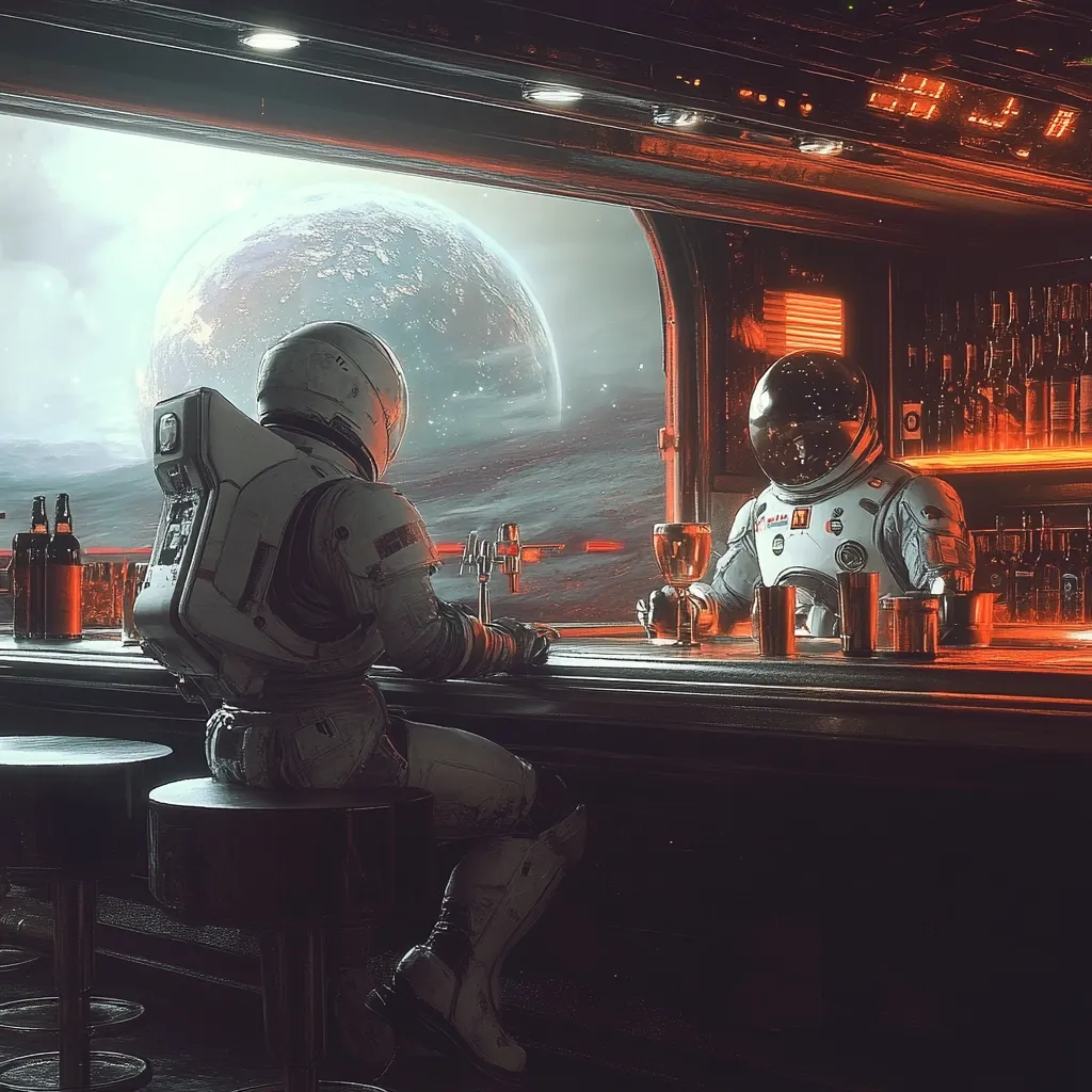 Here's a description of the image:

The artwork depicts a futuristic scene inside a space bar. Two astronauts, clad in white spacesuits, sit at a dark bar counter.  A large window reveals a stunning view of a large planet and the cosmos beyond.  One astronaut sits with his back to the viewer, gazing out the window. The other astronaut sits facing the viewer, holding a drink. The bar itself is lit with warm, orange hues, contrasting with the cool tones of space outside.  The overall atmosphere is one of quiet contemplation and otherworldly solitude.