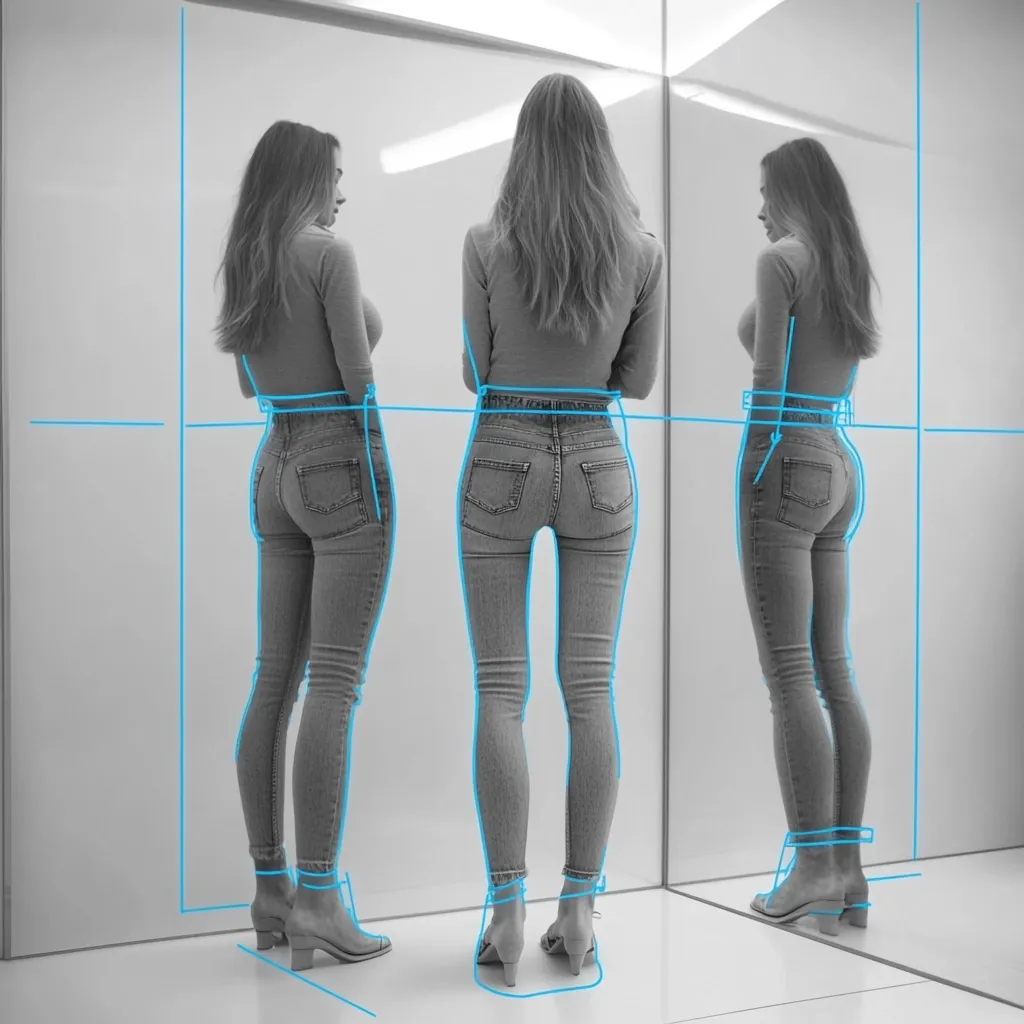 Here's a description of the image:

The black and white image shows three nearly identical women, viewed from behind, standing in a modern, bright room with mirrored walls.  They are wearing similar light-wash skinny jeans and heeled shoes. Light blue lines are superimposed on one woman, suggesting an anatomical study or body measurement analysis. The effect is a stylized depiction of body proportions and symmetry, emphasized by the mirroring effect. The overall aesthetic is clean, minimalist, and somewhat clinical.