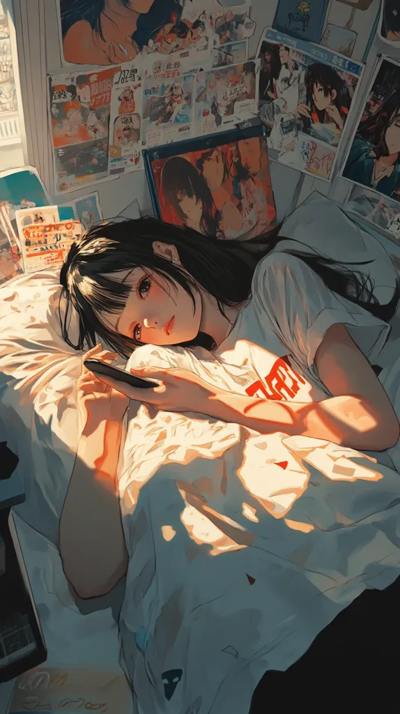 Here's a description of the image:

The illustration depicts a young woman with long black hair lying in bed, bathed in warm sunlight streaming through a nearby window. She's holding a smartphone, her expression serene yet slightly melancholic.  The bed is unmade, and the background is cluttered with manga-style posters and magazines, creating a cozy, slightly chaotic atmosphere suggestive of a teenager's room. The overall style is reminiscent of anime, with soft, painterly brushstrokes and a focus on light and shadow. The scene conveys a feeling of peaceful solitude.