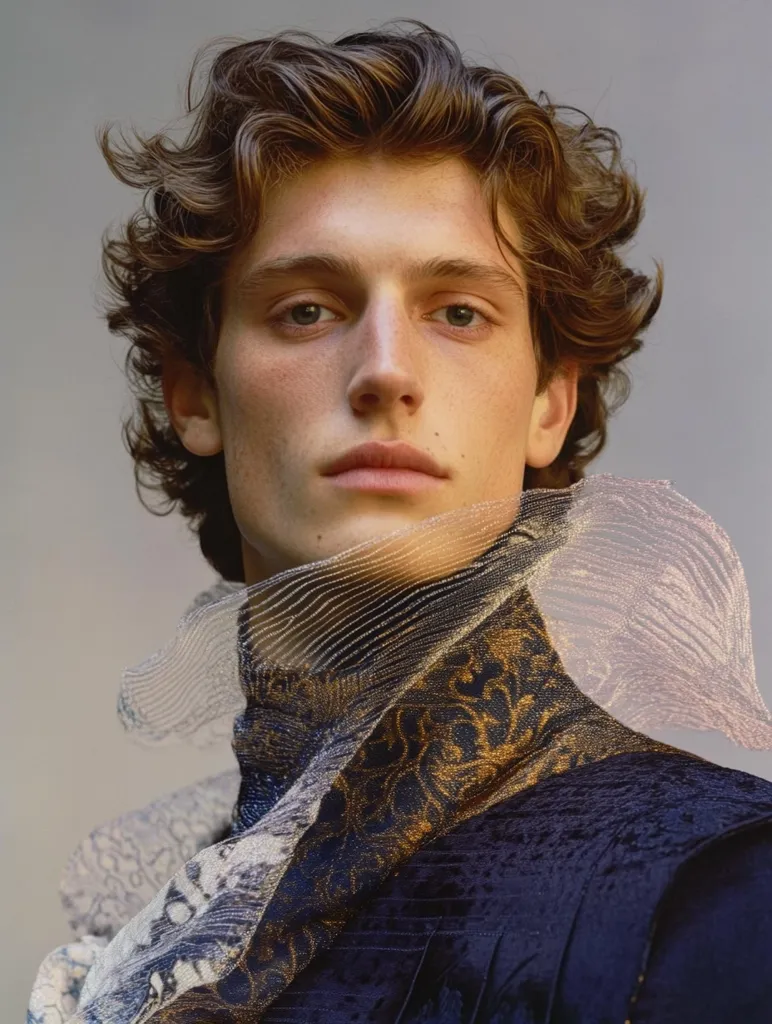 Here's a description of the image:

Close-up portrait of a young man with shoulder-length, wavy light brown hair. He possesses fair skin, striking blue eyes, and a delicate facial structure. He's dressed in a dark navy blue jacket or coat, adorned with a richly textured gold and dark blue patterned fabric at the collar.  Over this, a sheer, almost ethereal, light-colored fabric, possibly lace or mesh, forms a dramatic, ruffled collar around his neck. The overall aesthetic is one of refined elegance, with a hint of romanticism and perhaps even a subtle touch of fantasy. The lighting is soft and diffused, enhancing the subject's features and the texture of his clothing.