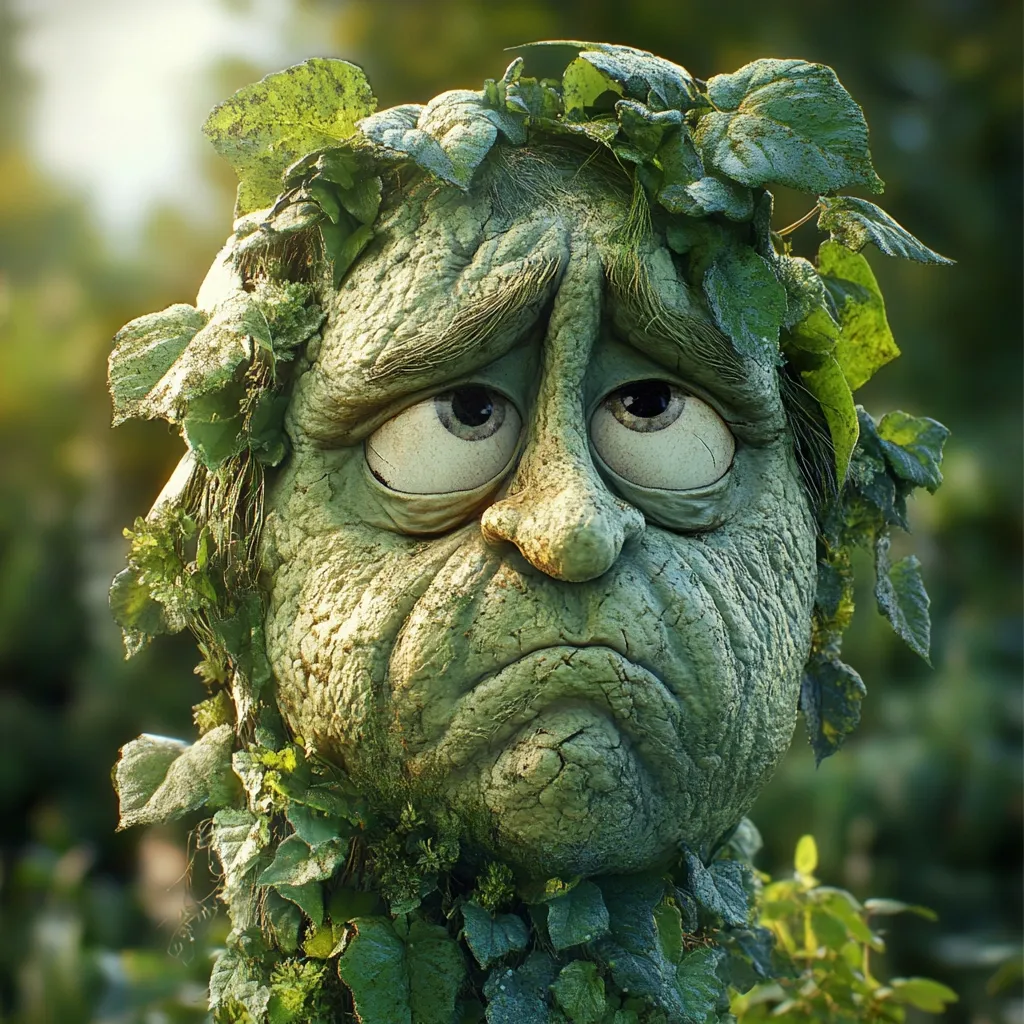 A digital rendering depicts a whimsical, sad-faced stone gargoyle or statue. Its head is overgrown with lush green foliage, forming a crown-like effect. The face is detailed with deep-set, weary eyes, a downturned mouth, and textured skin resembling weathered stone or bark.  The overall expression is one of profound melancholy, contrasting the vibrant greenery surrounding it. The background is softly blurred, focusing attention on the expressive figure.
