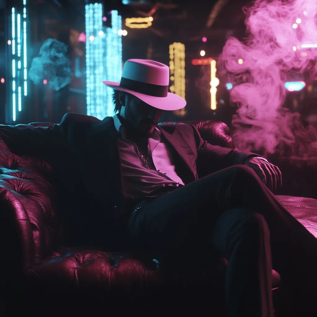 Here's a description of the image:

The image shows a man in a suit and fedora sitting on a plush, leather couch in a dimly lit, stylish club.  Neon lights in shades of pink and blue cast an atmospheric glow, accentuated by swirling pink smoke. He appears relaxed but pensive, his posture slightly slumped. The man’s attire suggests sophistication and a hint of old-school gangster style, further emphasized by the ambiance of the scene.  The overall mood is one of mystery and intrigue.