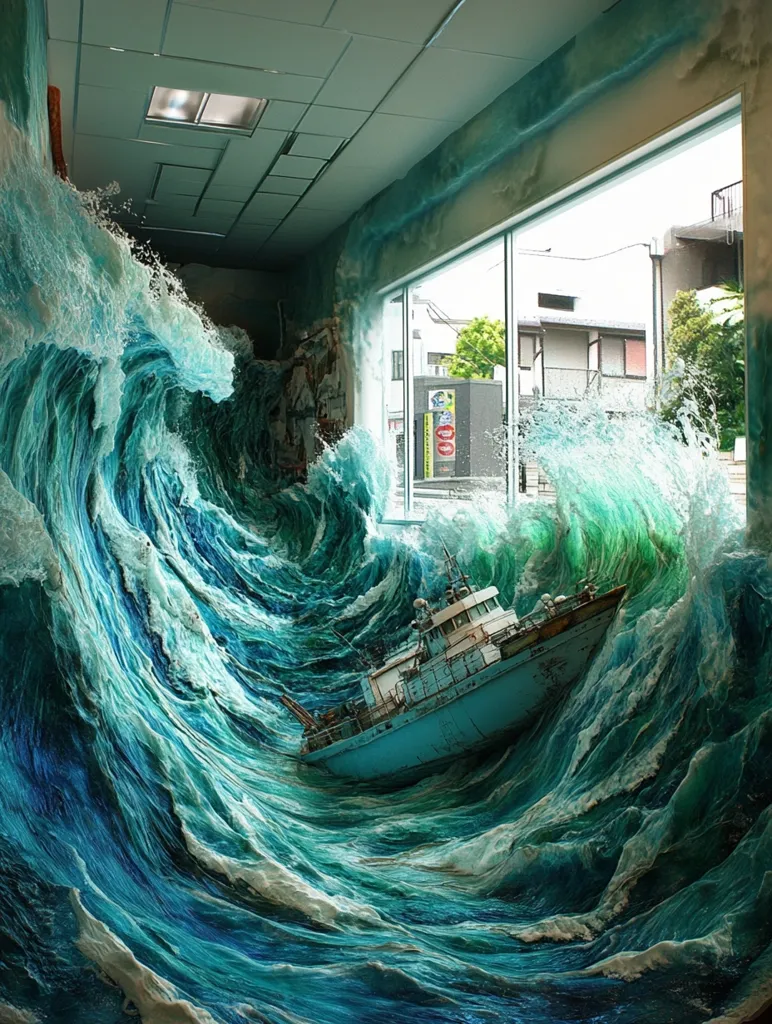 Here's a description of the image:

The image shows a remarkably realistic diorama of a small fishing boat engulfed by a massive, swirling wave. The wave's texture is meticulously detailed, capturing the froth, power, and movement of the ocean.  The wave crashes against the interior walls of what appears to be a room or hallway, creating a dramatic juxtaposition of indoor space and the violent force of nature.  A large window in the background provides a glimpse of an ordinary street scene, emphasizing the surreal contrast. The scene is a striking example of art that blends hyperrealism with a dramatic narrative.