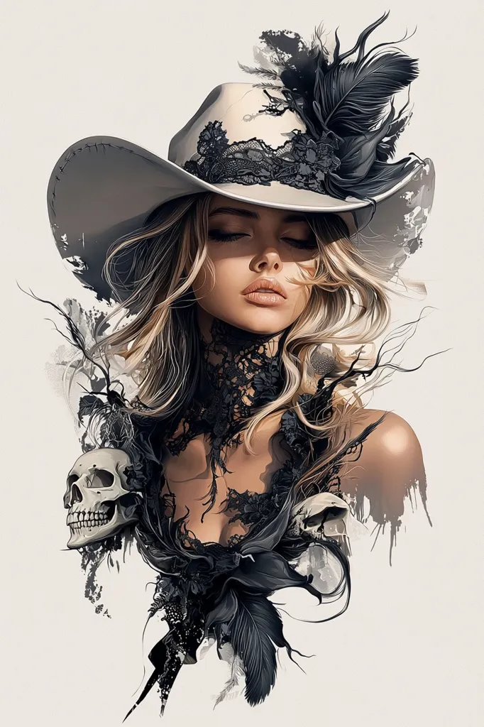 Here's a description of the image:

The artwork depicts a stylized portrait of a woman with long, blonde hair, wearing a large, off-white cowboy hat adorned with black lace and feathers.  Her eyes are closed, and she has a serene expression. She's dressed in a black lace top, partially revealing her chest.  The overall style is a blend of realism and fantasy, incorporating elements of dark art.  Surrounding her are abstract splashes of paint and dark, feathery forms, along with two small, subtly placed skulls, adding a touch of macabre to the otherwise elegant scene. The background is a simple, light off-white, focusing attention on the woman and the dramatic details.