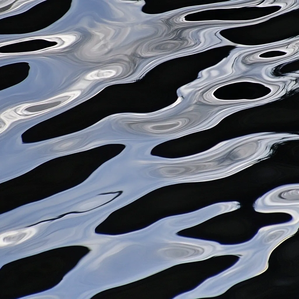 Here's a description of the image:

The photograph presents an abstract close-up of water's surface, showcasing a dynamic interplay of light and shadow.  Ripples and reflections create a mesmerizing pattern of swirling, elongated shapes in shades of black, dark gray, and pale blue-gray. The contrast between the dark and light areas is striking, with the lighter tones appearing almost luminous against the deep black. The overall effect is one of fluidity and movement, an ethereal capture of a watery surface.