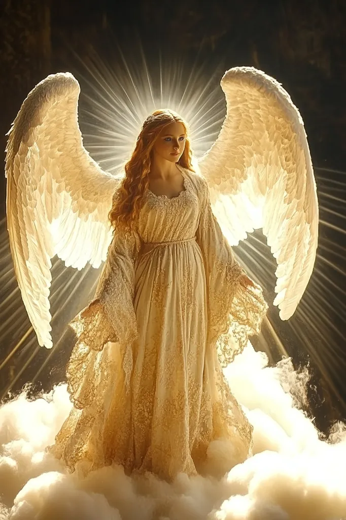 A radiant angel, adorned in a flowing, cream-lace gown, stands amidst soft, luminous clouds.  Her long, blonde hair cascades down her shoulders, framing a serene face.  Large, feathery white wings extend from her back, catching the light.  A golden halo-like glow emanates from behind her, enhancing the ethereal and heavenly ambiance. The overall image projects peace, serenity, and divine beauty.