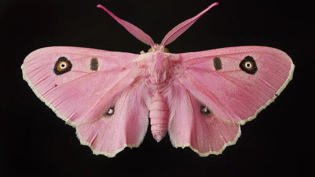 Here's a description of the image:

Close-up view of a pale pink moth, seemingly a species of  pink underwing moth, against a completely black background.  The moth's wings are delicately textured, appearing soft and fuzzy.  Each wing displays a distinctive darker marking, featuring a concentric pattern of brown and black. The moth's antennae are long and thin, extending outward from its head.  The overall impression is one of delicate beauty and vibrant color contrast.