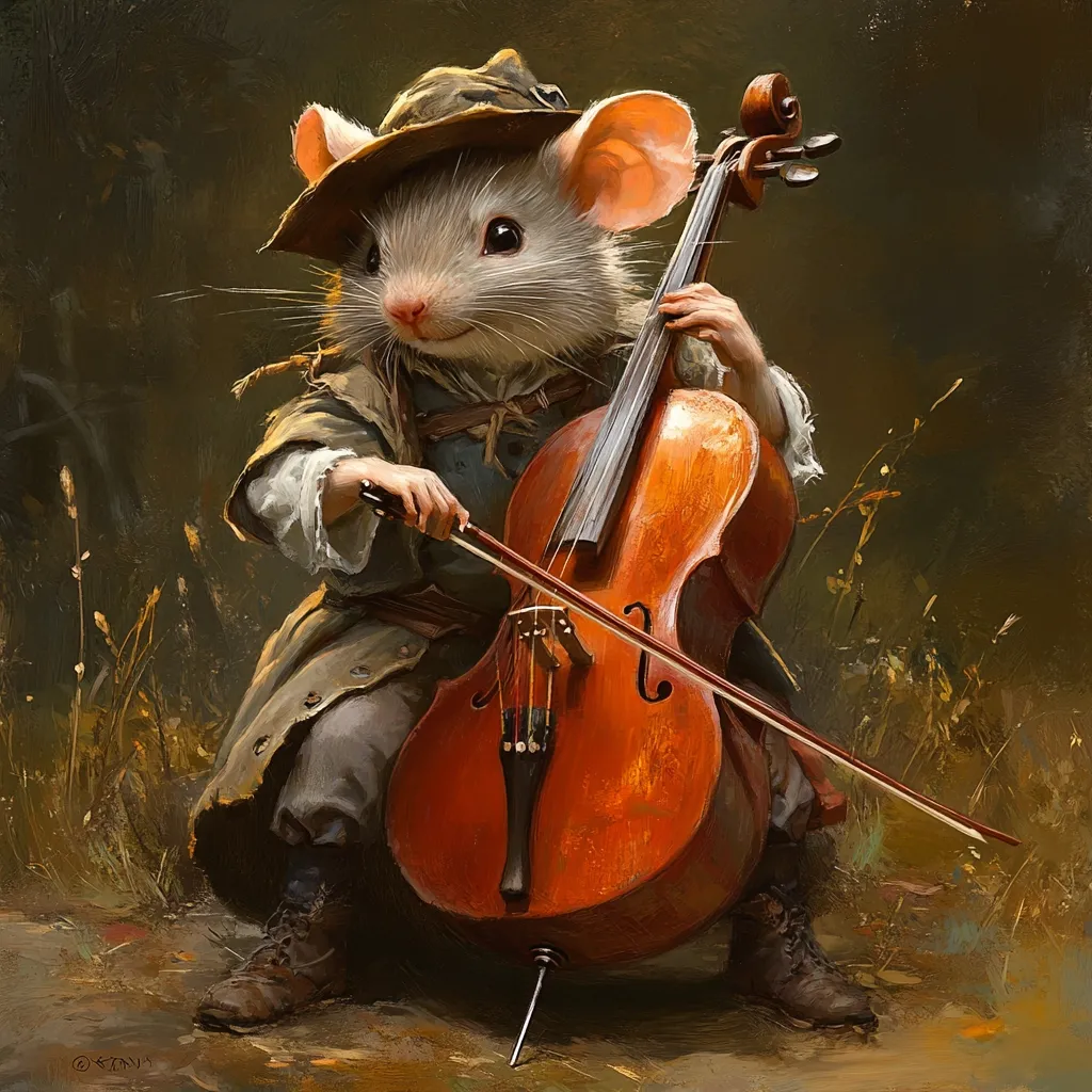 A charming painting depicts an anthropomorphic mouse, dressed in a medieval-style tunic and hat, skillfully playing a cello.  The mouse's posture is attentive and focused.  The cello is large in proportion to the mouse, adding to the whimsical nature of the scene. The background is a soft, muted palette of greens and browns, suggesting a woodland setting. The overall style is reminiscent of classical portraiture, but with a fantastical twist.  The painting's warm lighting emphasizes the mouse and its instrument.