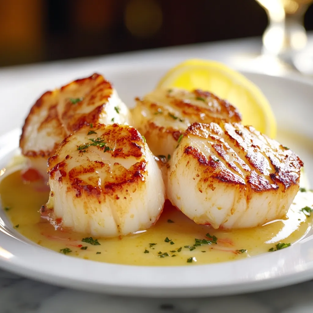 Here's a description of the image:

Close-up view of four seared scallops arranged on a white plate, glistening with a light yellow sauce.  The scallops have a beautifully browned exterior, indicating they've been pan-seared or grilled.  A slice of lemon rests behind the scallops, adding a touch of color and suggesting a bright, citrusy flavor profile.  Finely chopped herbs are sprinkled over the sauce, adding a visual and likely flavorful element. The background is blurred, drawing attention to the delicious-looking scallops. The overall impression is one of elegance and fine dining.