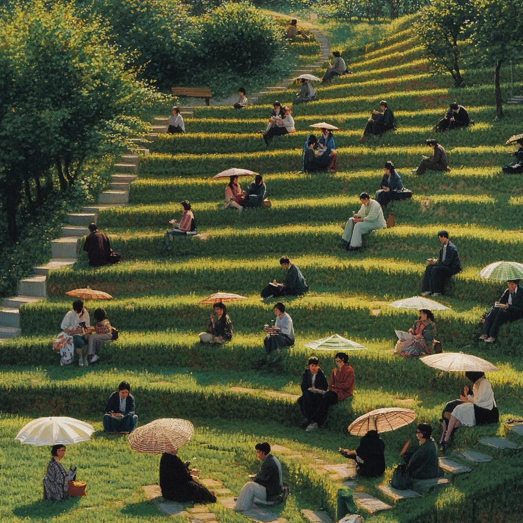 A picturesque scene unfolds on terraced green hillsides.  Numerous people, predominantly in pairs, are seated amidst verdant slopes, many under parasols offering shade. They appear relaxed, possibly engaged in conversation or enjoying the scenery.  The setting is peaceful and serene, suggesting a public park or garden. The layered landscape and the individuals scattered throughout create a visually appealing composition.  A sense of quiet contemplation pervades the image.